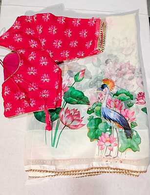 J382: Ready To Ship Beautiful  Pure Georgette Saree With All Over Floral Work With Stitched Blouse