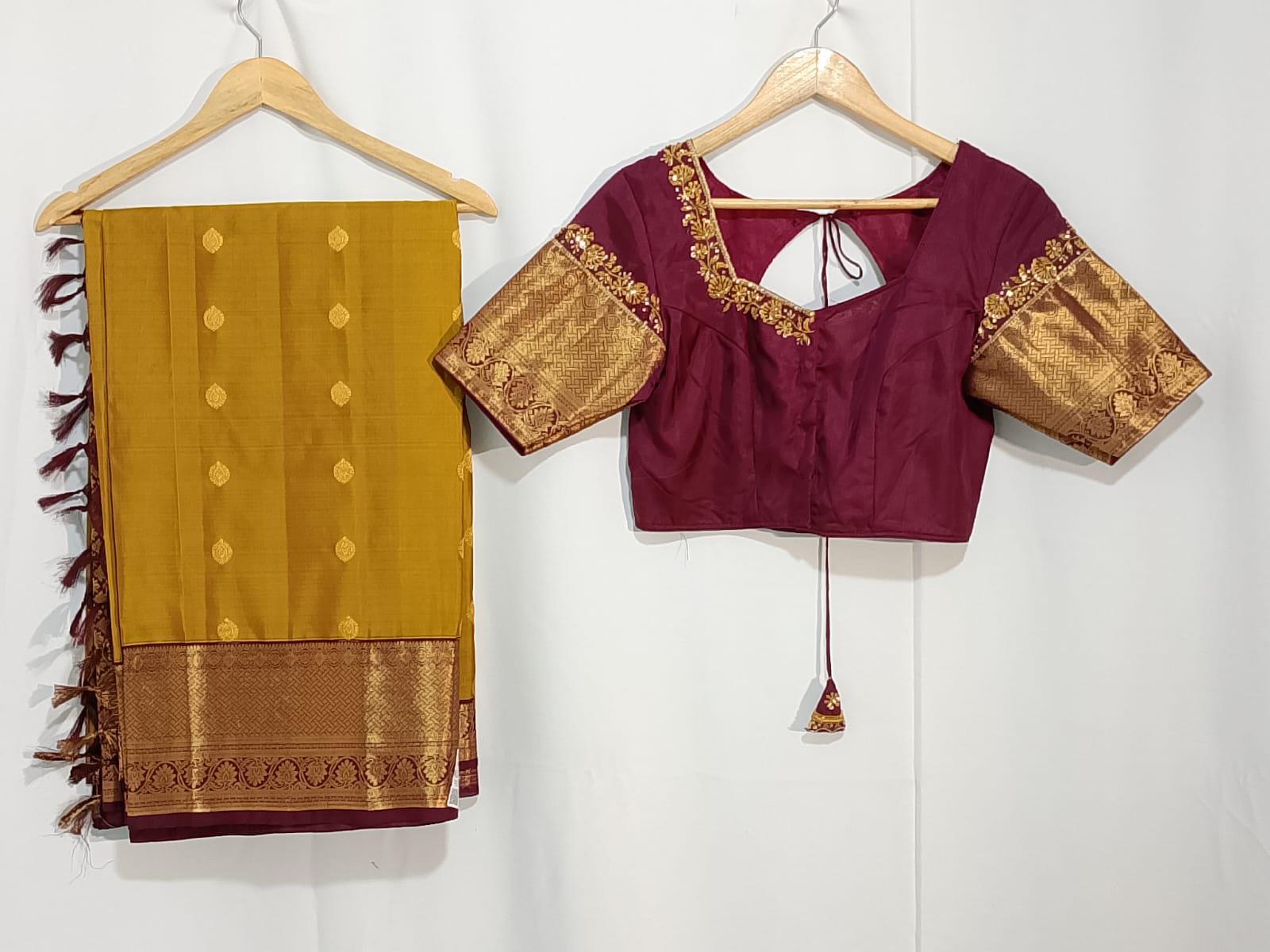 J587: Ready To Ship Beautiful Pure Kanchipattu Saree With Stitched Maggam Work Blouse