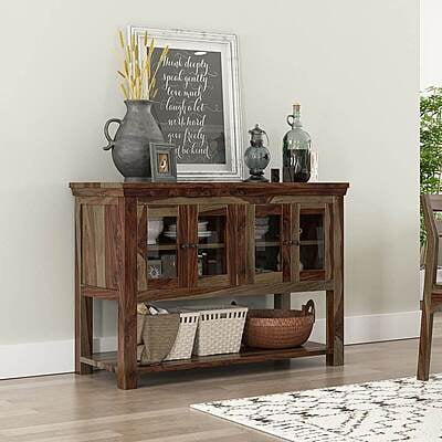 Rustic Farmhouse Wood Sideboard with Glass Cabinets & Open Shelf