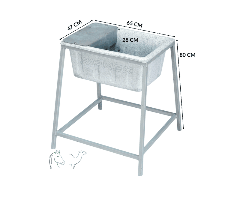 Farmex Drinker Trough 50L 80cm Solid Box with galvanized steel stand showing dimensions
