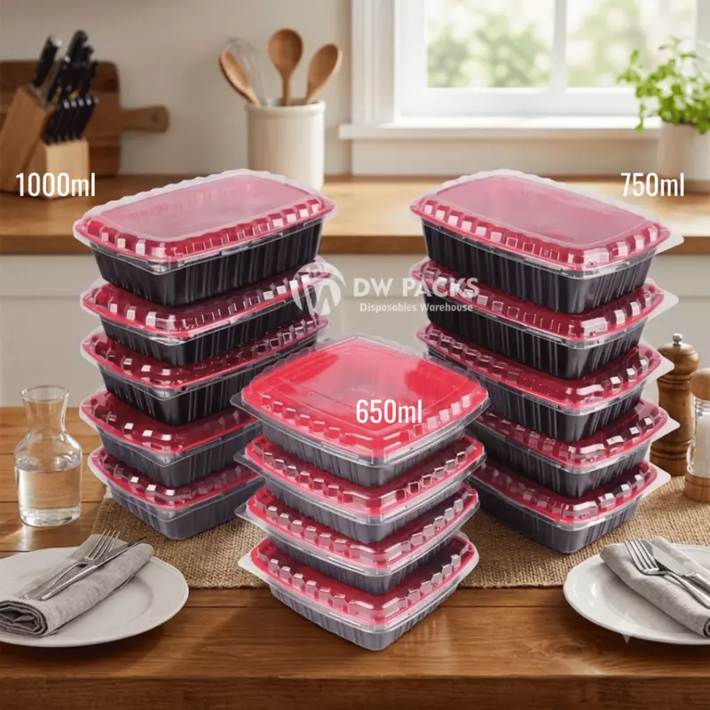 RED AND BLACK TAKEAWAY PACK WITH CLEAR LID