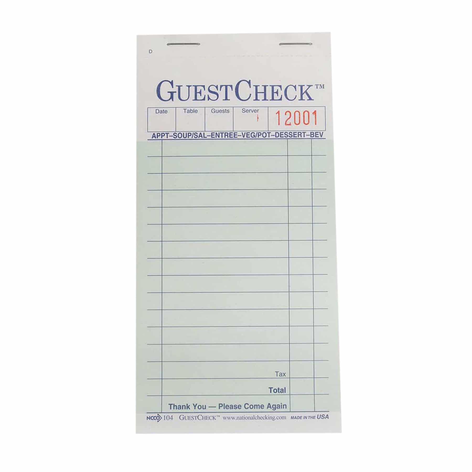 National Checking Medium Duplicate Carbon Guest Check Green 3.5" x 6.75" Bulk Pack 50 / 50 cs