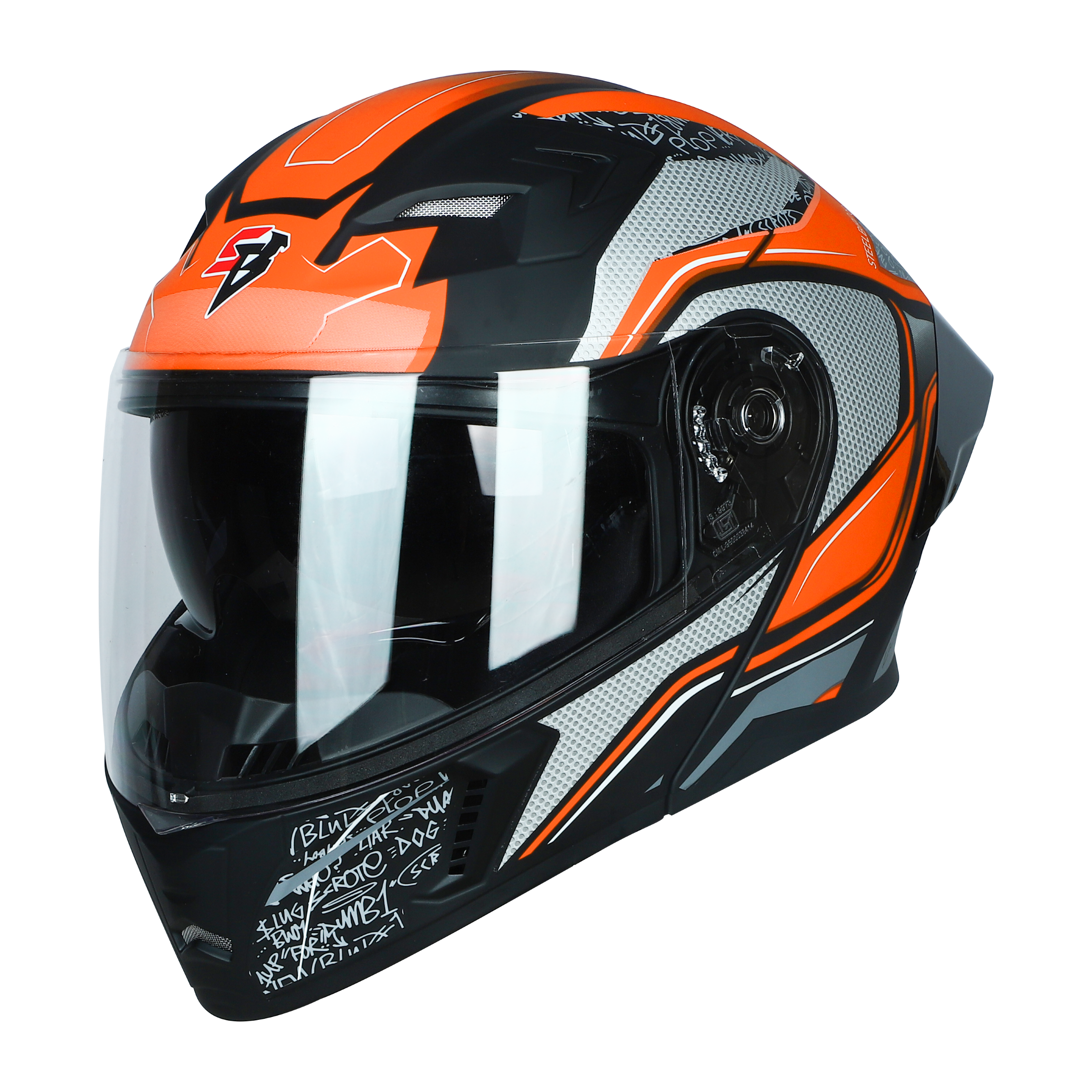 STEELBIRD SBA-20 ISS RACER GLOSSY BLACK/ORANGE C/V 600 MM WITH EXTRA SMOKE VISOR, BLACK SPOILER