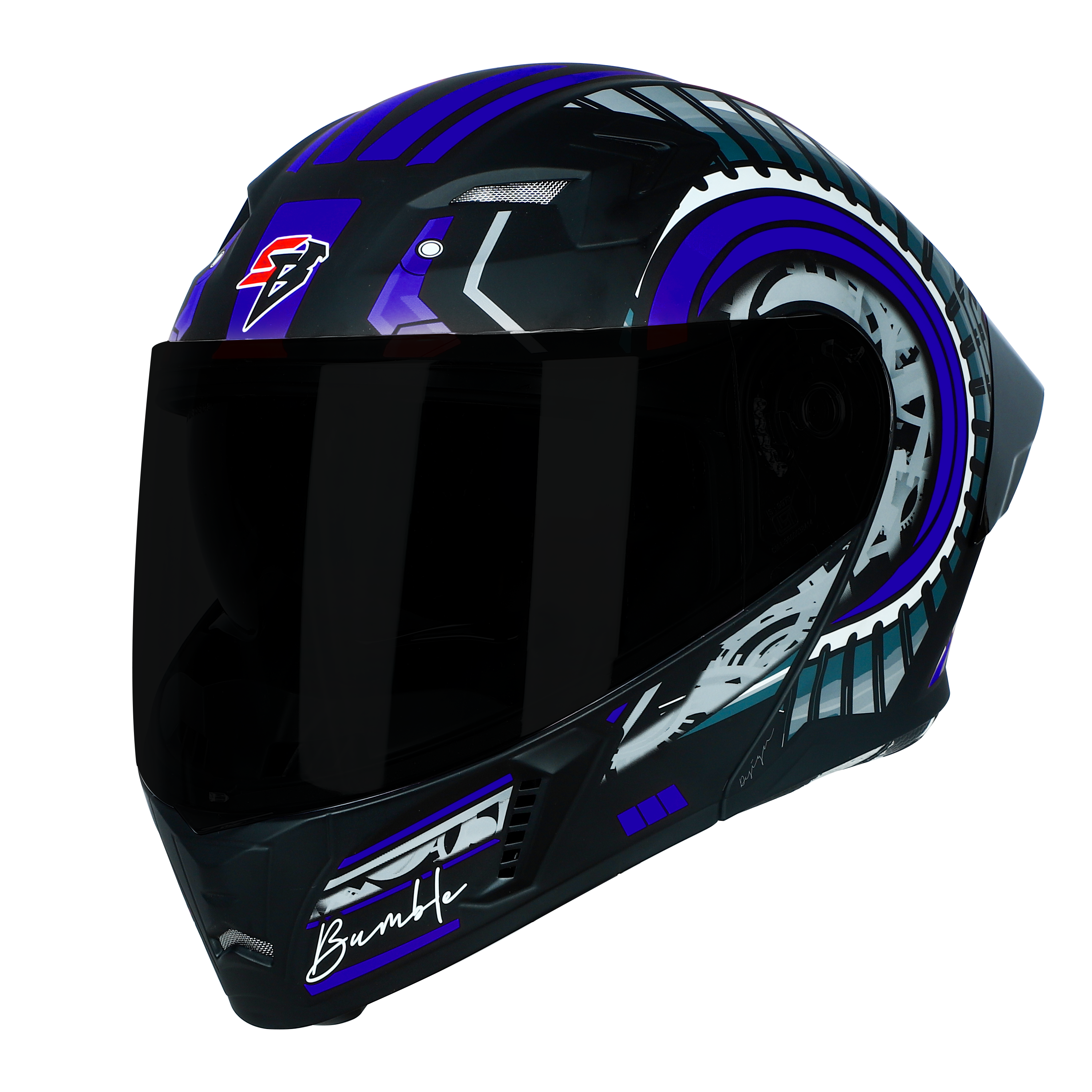 STEELBIRD SBA-20 ISS BUMBLE MATT BLACK/BLUE C/V 580 MM WITH EXTRA SMOKE VISOR, BLACK SPOILER