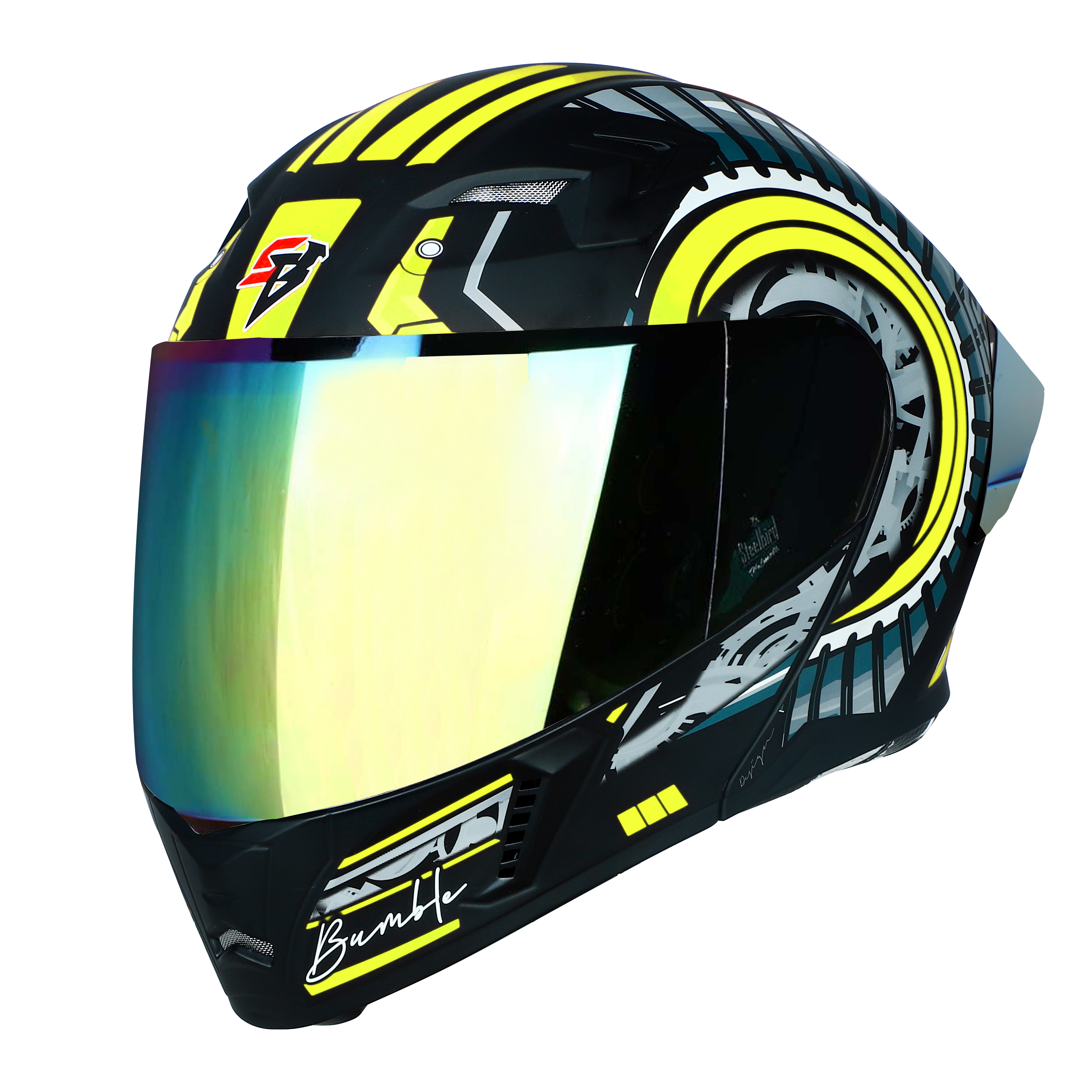 STEELBIRD SBA-20 ISS BUMBLE GLOSSY BLACK/NEON C/V 600 MM WITH EXTRA SMOKE VISOR, BLACK SPOILER