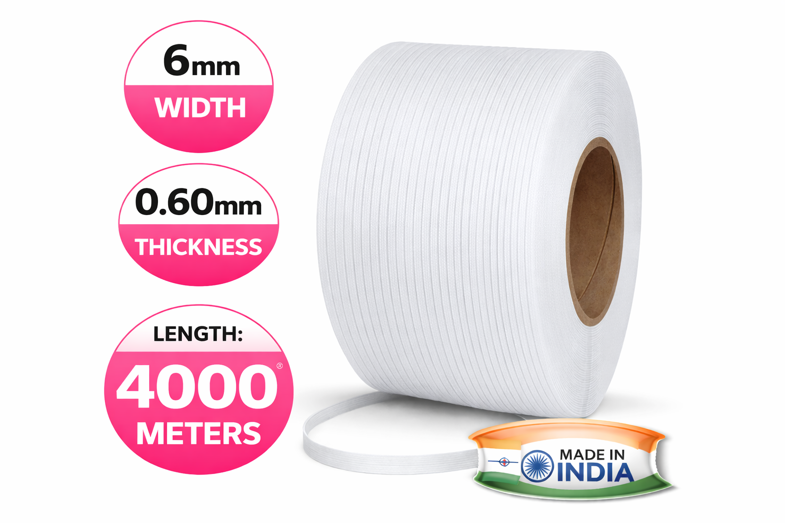 VIJAYCO® 06 60 4000 Mtrs PP Strapping Roll White Plain With No Print
