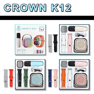 CROWN K12 7-in-1 Smart Combo Set with Smartwatch, Wireless Mic & Speaker
