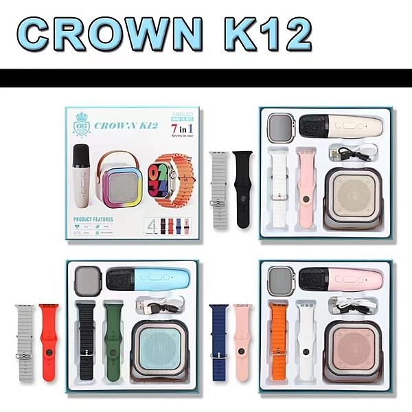 CROWN K12 7-in-1 Smart Combo Set with Smartwatch, Wireless Mic & Speaker
