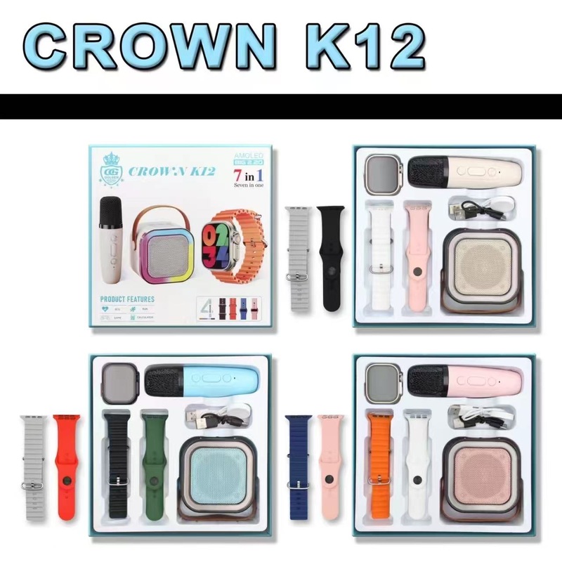 CROWN K12 7-in-1 Smart Combo Set with Smartwatch, Wireless Mic & Speaker