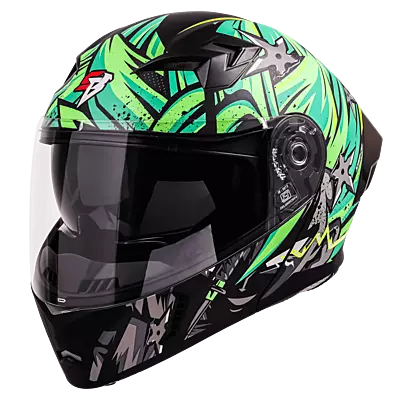 STEELBIRD SBA-20 ISS DARK WARRIOR MATT BLACK/GREEN C/V 600 MM WITH EXTRA SMOKE VISOR, BLACK SPOILER