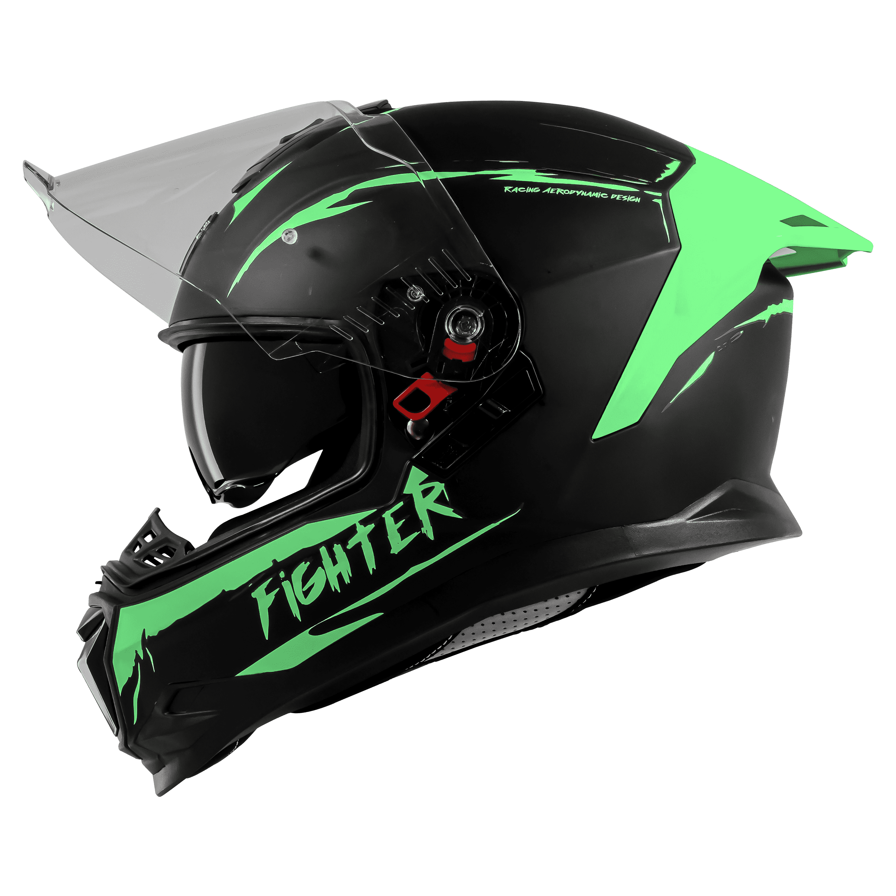 STEELBIRD SBH-57 ISS FIGHTER F2 GLOSSY BLACK/GREEN C/V 600MM WITH EXTRA SMOKE VISOR+GREEN SPOILER