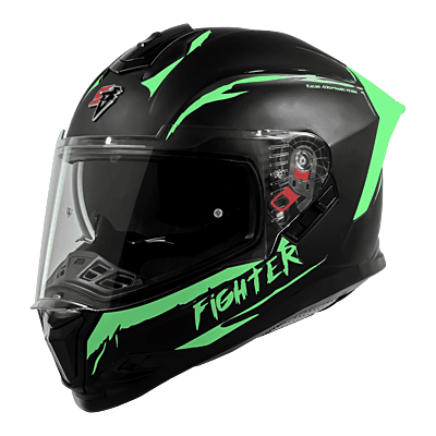 STEELBIRD SBH-57 ISS FIGHTER F2 GLOSSY BLACK/GREEN C/V 600MM WITH EXTRA SMOKE VISOR+GREEN SPOILER