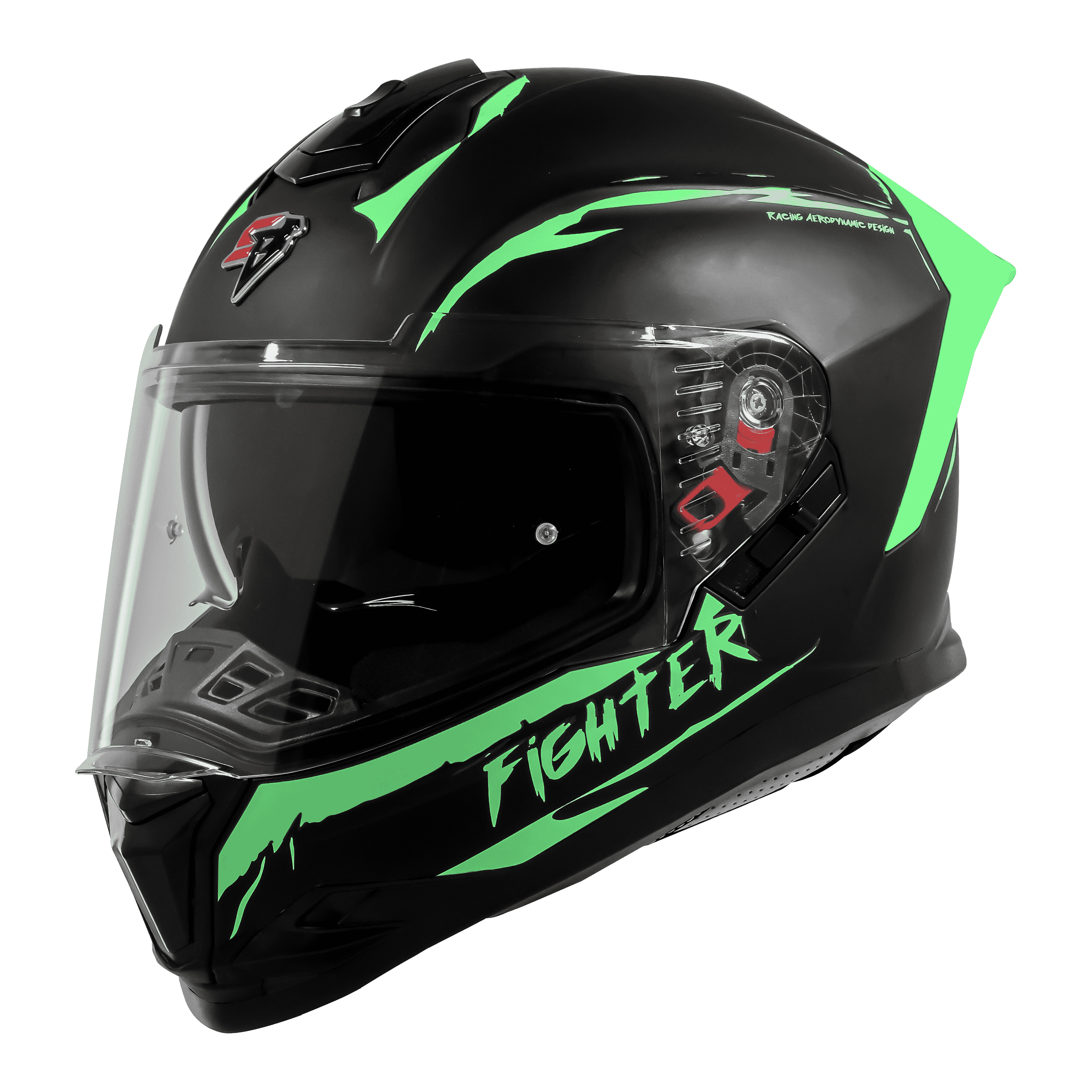 STEELBIRD SBH-57 ISS FIGHTER F2 GLOSSY BLACK/GREEN C/V 580MM WITH EXTRA SMOKE VISOR+GREEN SPOILER