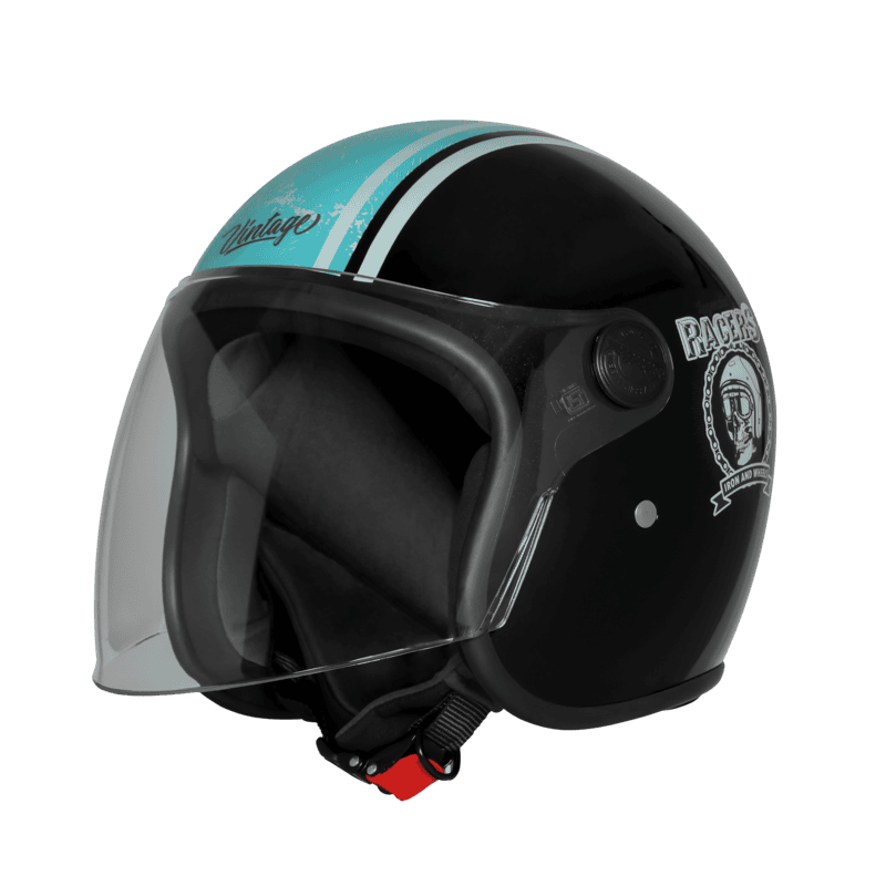 STEELBIRD SBH-56 VINTAGE RACERS GLOSSY BLACK/L.BLUE C/V 580 MM (LONG VISOR)