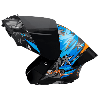 STEELBIRD SBA-20 ISS DARK WARRIOR GLOSSY BLACK/JAZZ BLUE C/V 600 MM WITH EXTRA SMOKE VISOR, BLACK SPOILER