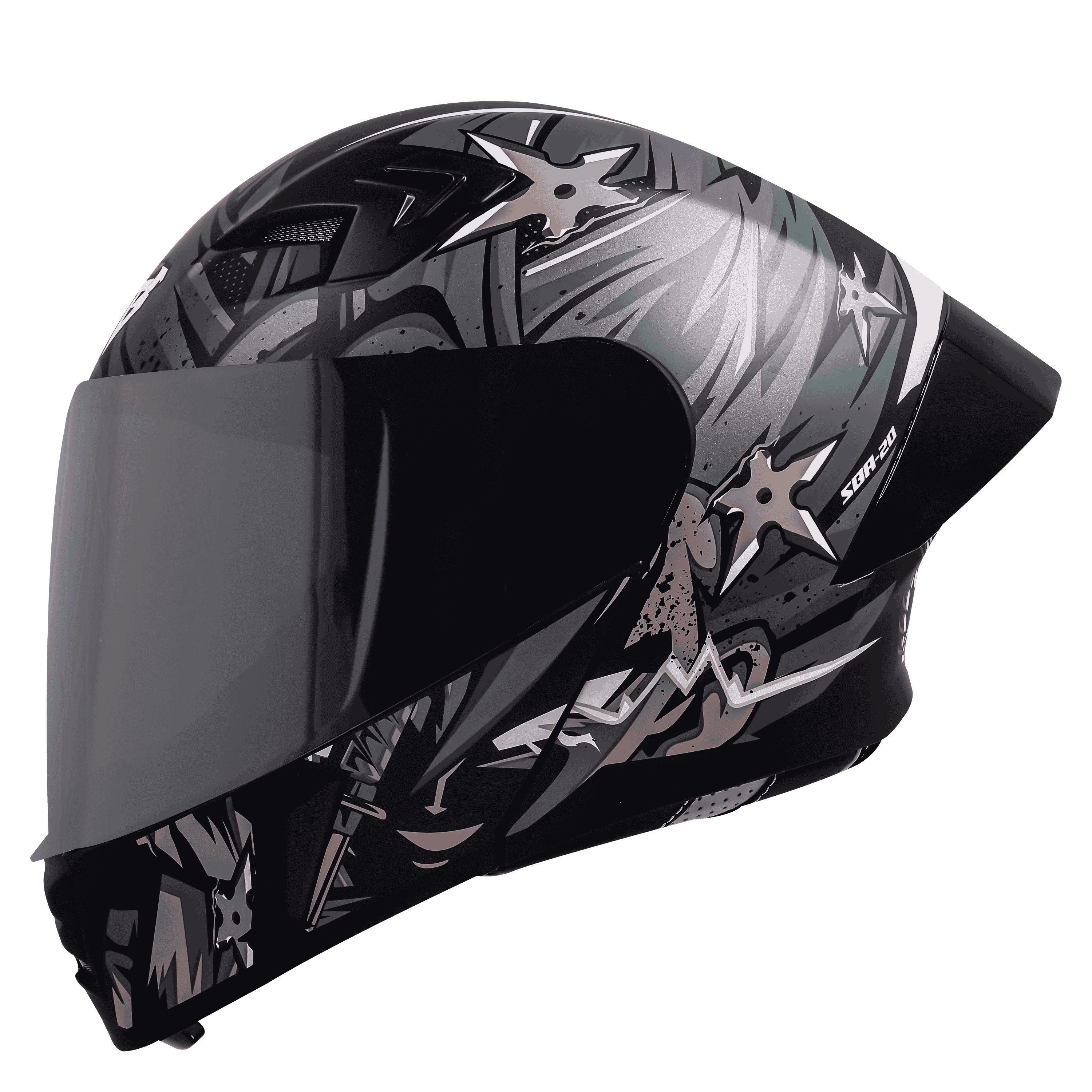 STEELBIRD SBA-20 ISS DARK WARRIOR GLOSSY BLACK/GREY C/V 580 MM WITH EXTRA SMOKE VISOR, BLACK SPOILER
