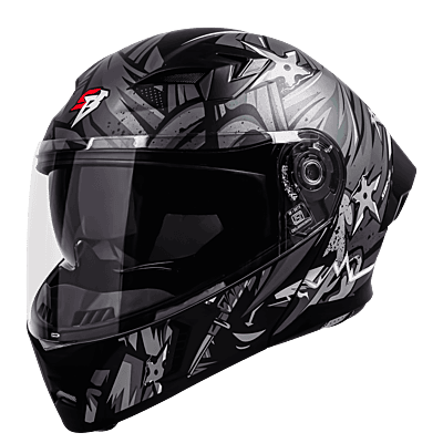 STEELBIRD SBA-20 ISS WARRIOR GLOSSY BLACK/GREY C/V 600 MM WITH EXTRA SMOKE VISOR, BLACK SPOILER