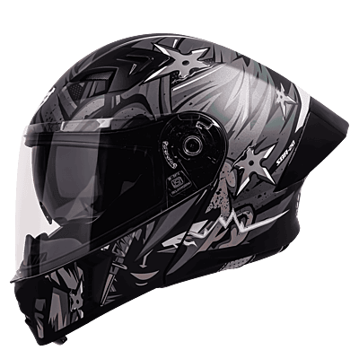 STEELBIRD SBA-20 ISS WARRIOR GLOSSY BLACK/GREY C/V 600 MM WITH EXTRA SMOKE VISOR, BLACK SPOILER