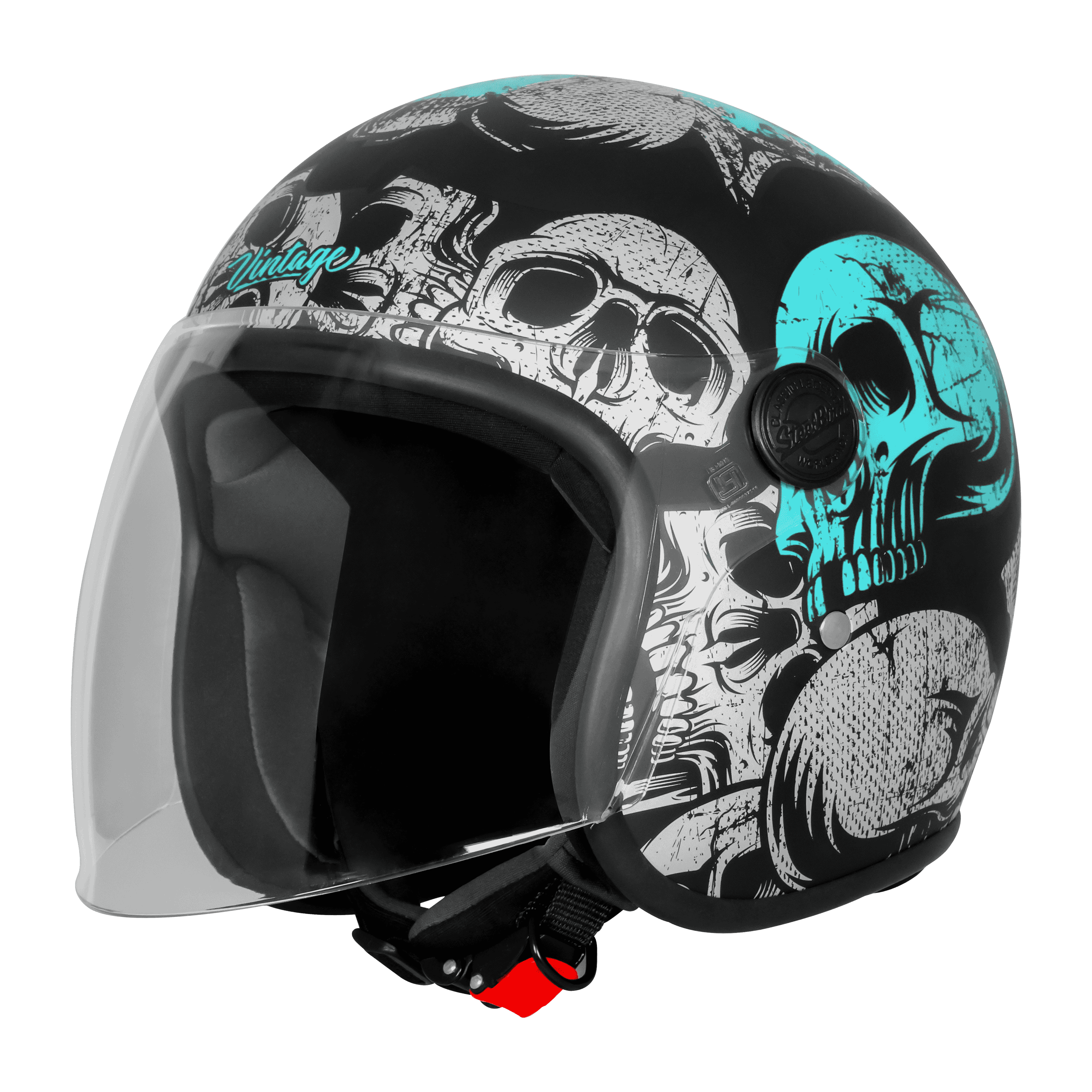STEELBIRD SBH-56 VINTAGE SKULL MATT BLACK/TURQUISE C/V 600 MM (LONG VISOR)