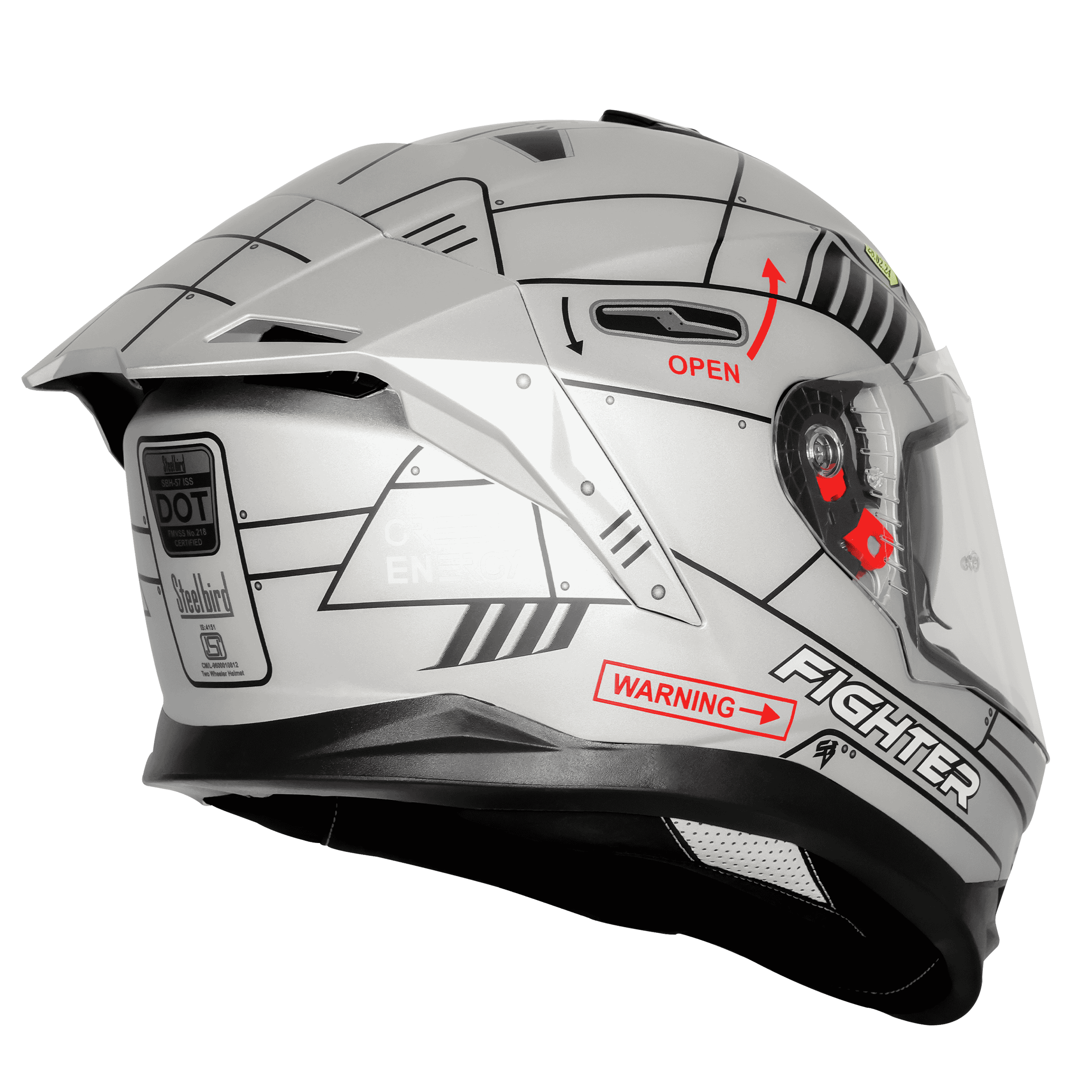 STEELBIRD SBH-57 ISS FIGHTER F6 GLOSSY SILVER/BLACK C/V 600MM WITH EXTRA SMOKE VISOR