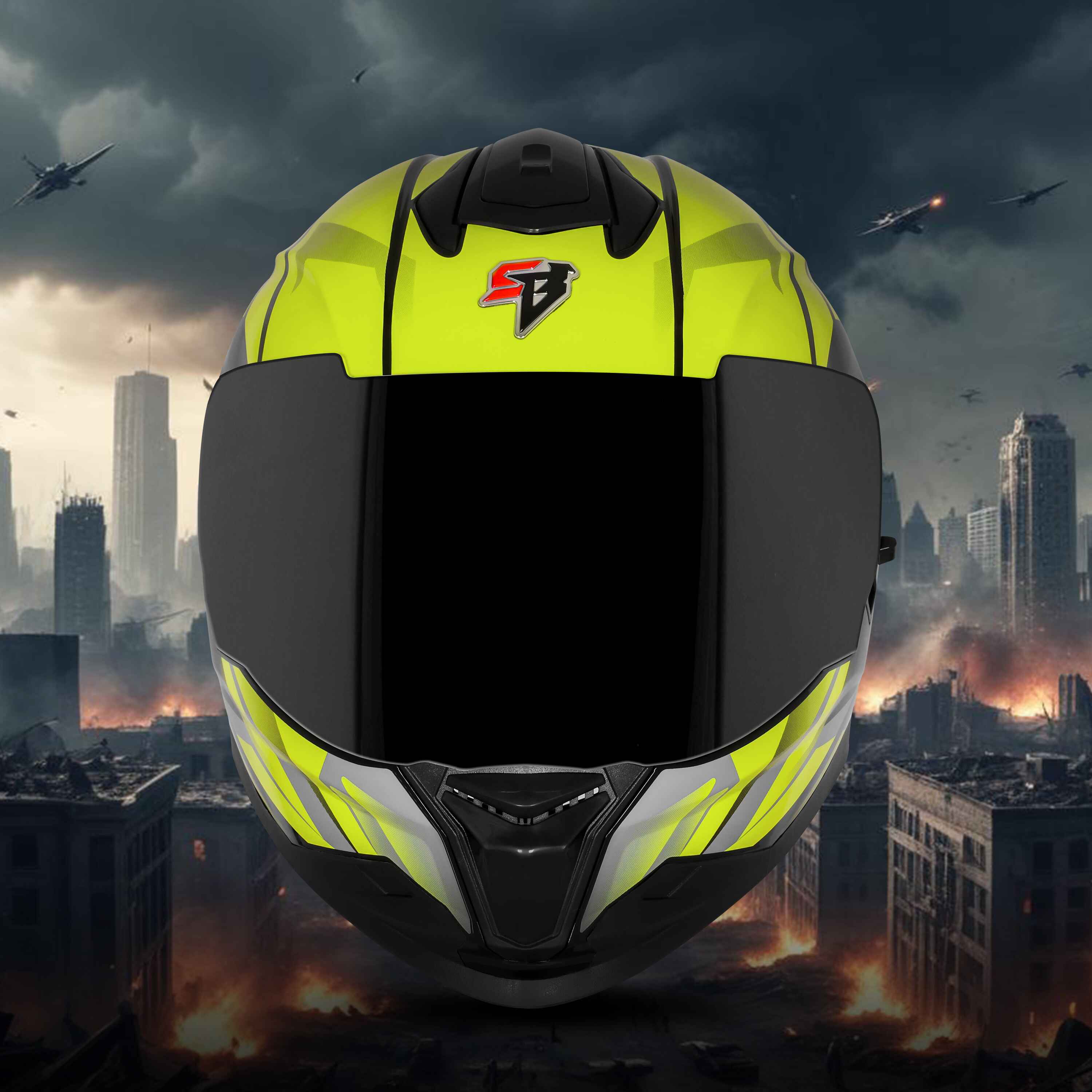 STEELBIRD SBH-57 ISS FIGHTER F4 MATT BLACK/FL. YELLOW C/V 580MM WITH EXTRA SMOKE VISOR