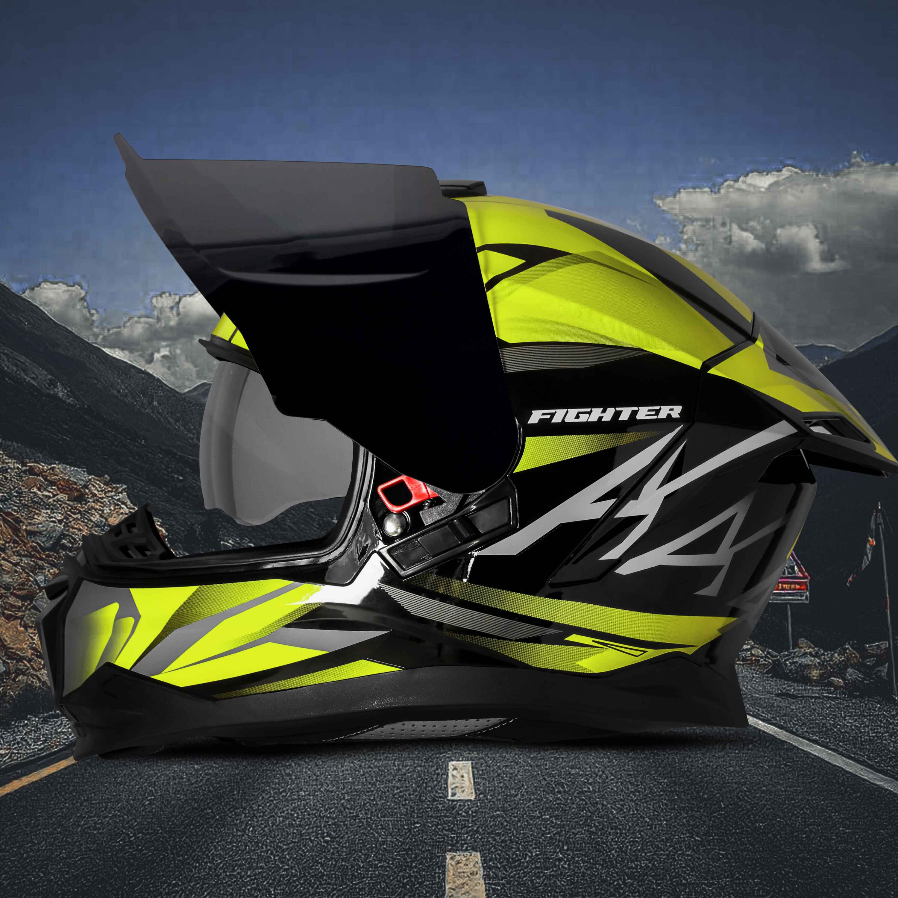 STEELBIRD SBH-57 ISS FIGHTER F4 GLOSSY BLACK/FL.YELLOW C/V 580MM WITH EXTRA SMOKE VISOR