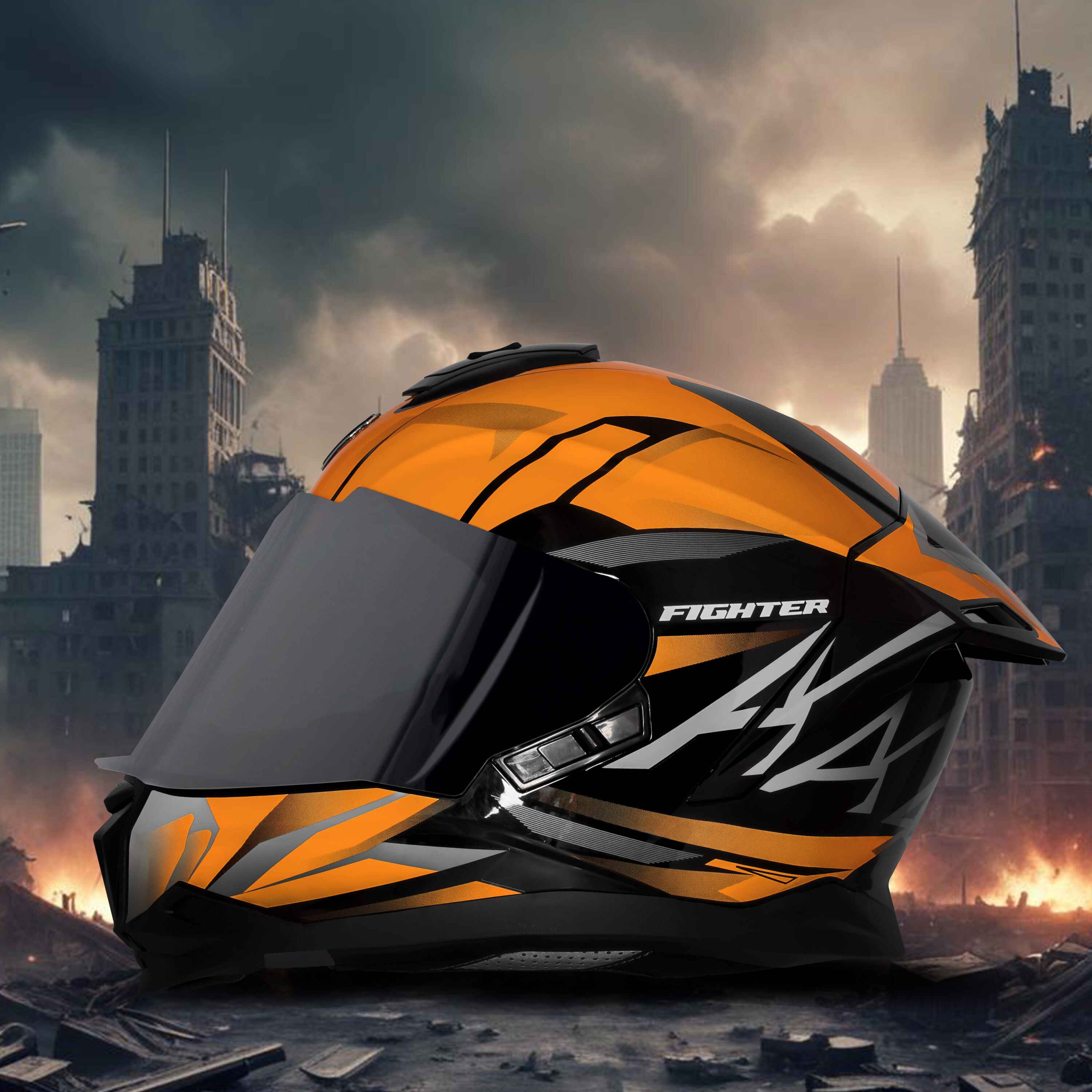 STEELBIRD SBH-57 ISS FIGHTER F4 MATT BLACK/ORANGE C/V 600MM WITH EXTRA SMOKE VISOR