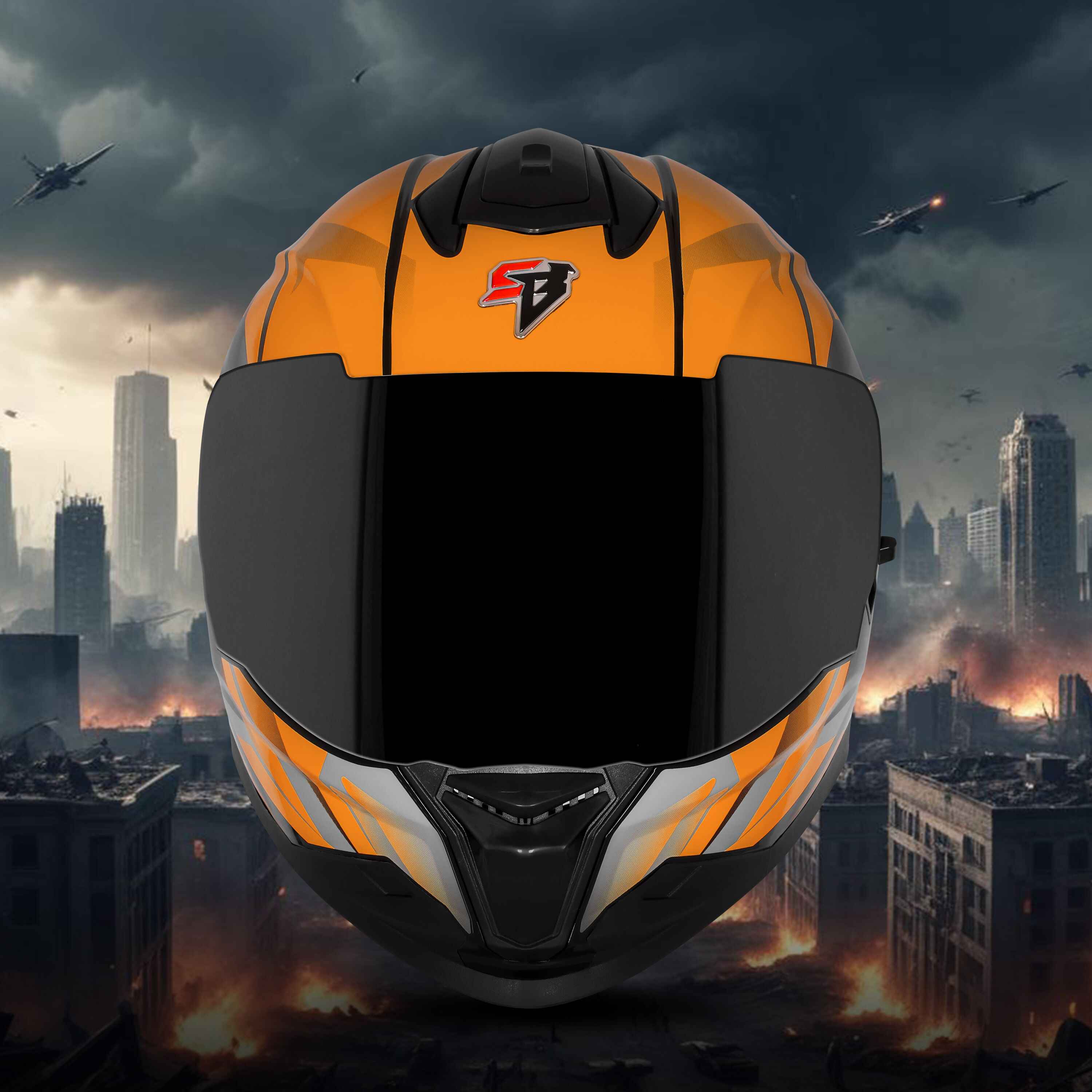 STEELBIRD SBH-57 ISS FIGHTER F4 MATT BLACK/ORANGE C/V 600MM WITH EXTRA SMOKE VISOR