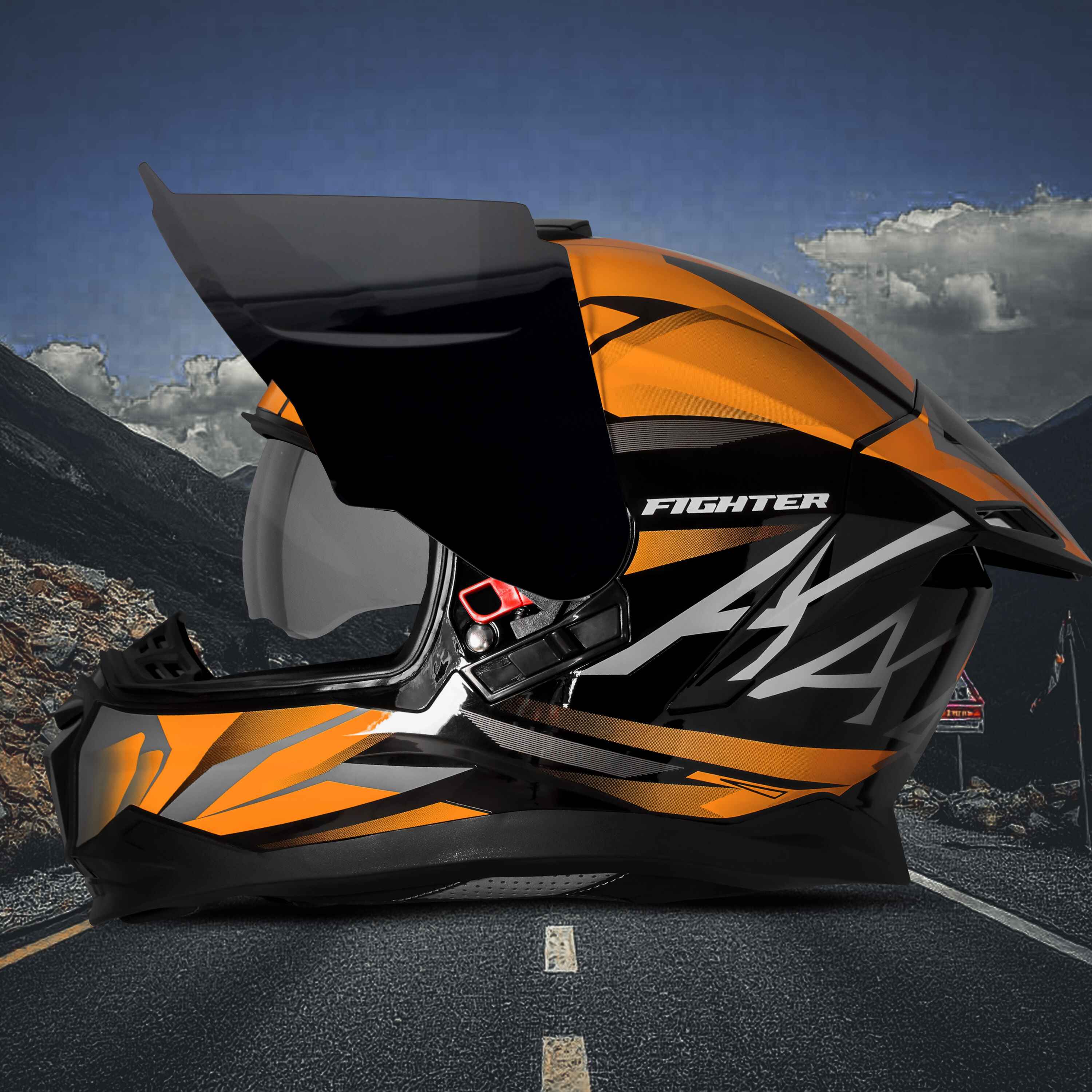 STEELBIRD SBH-57 ISS FIGHTER F4 GLOSSY BLACK/ORANGE C/V 580MM WITH EXTRA SMOKE VISOR