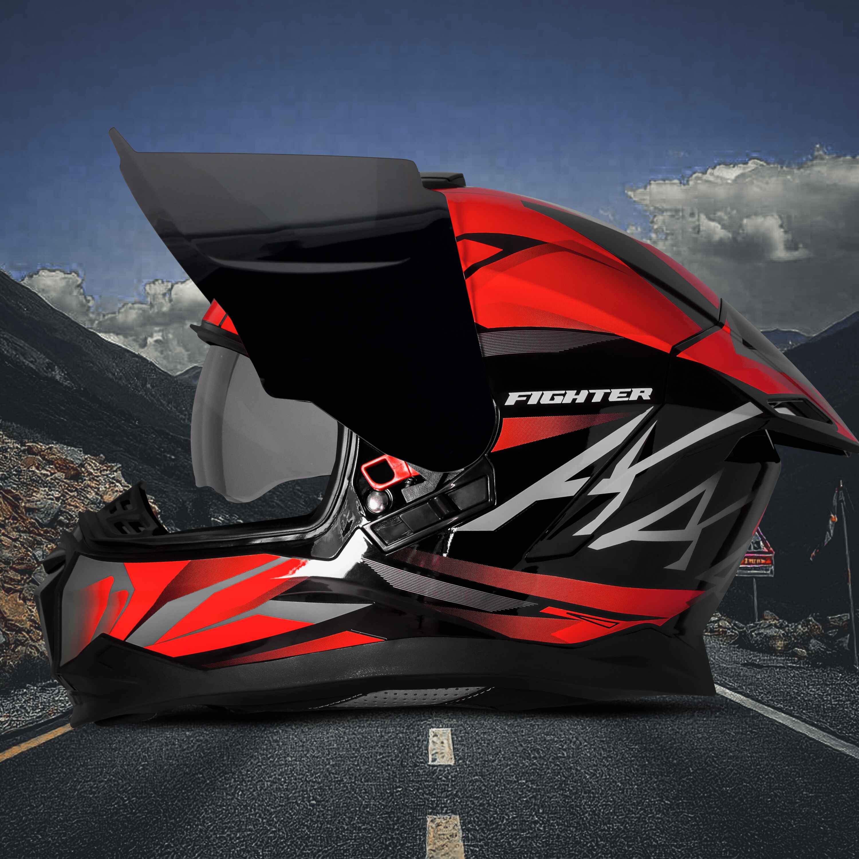 STEELBIRD SBH-57 ISS FIGHTER F4 GLOSSY BLACK/RED C/V 600MM WITH EXTRA SMOKE VISOR