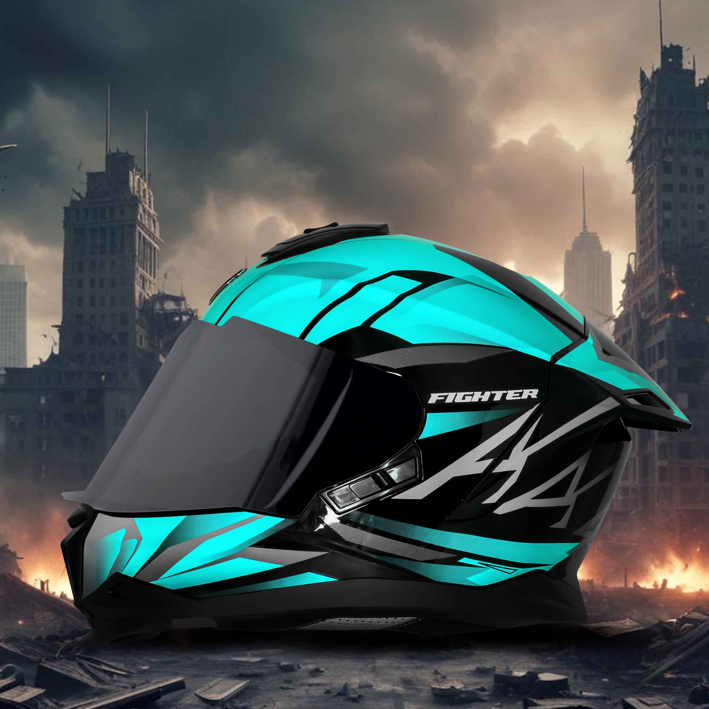 STEELBIRD SBH-57 ISS FIGHTER F4 GLOSSY BLACK/SEA GREEN C/V 580MM WITH EXTRA SMOKE VISOR