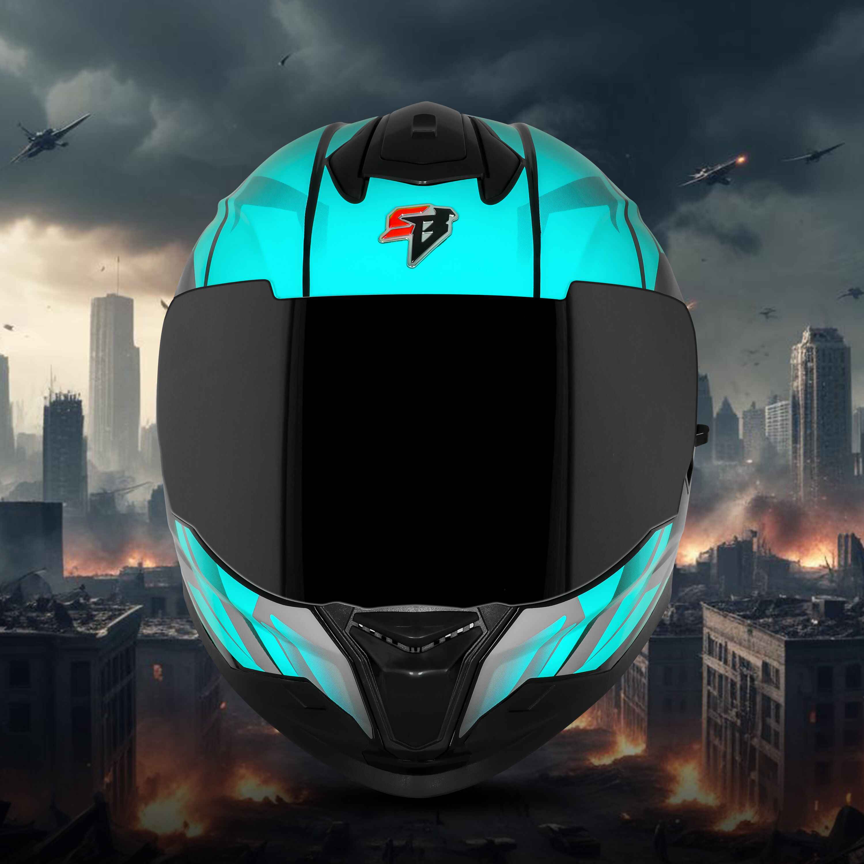 STEELBIRD SBH-57 ISS FIGHTER F4 GLOSSY WHITE/SEA GREEN C/V 580MM WITH EXTRA SMOKE VISOR