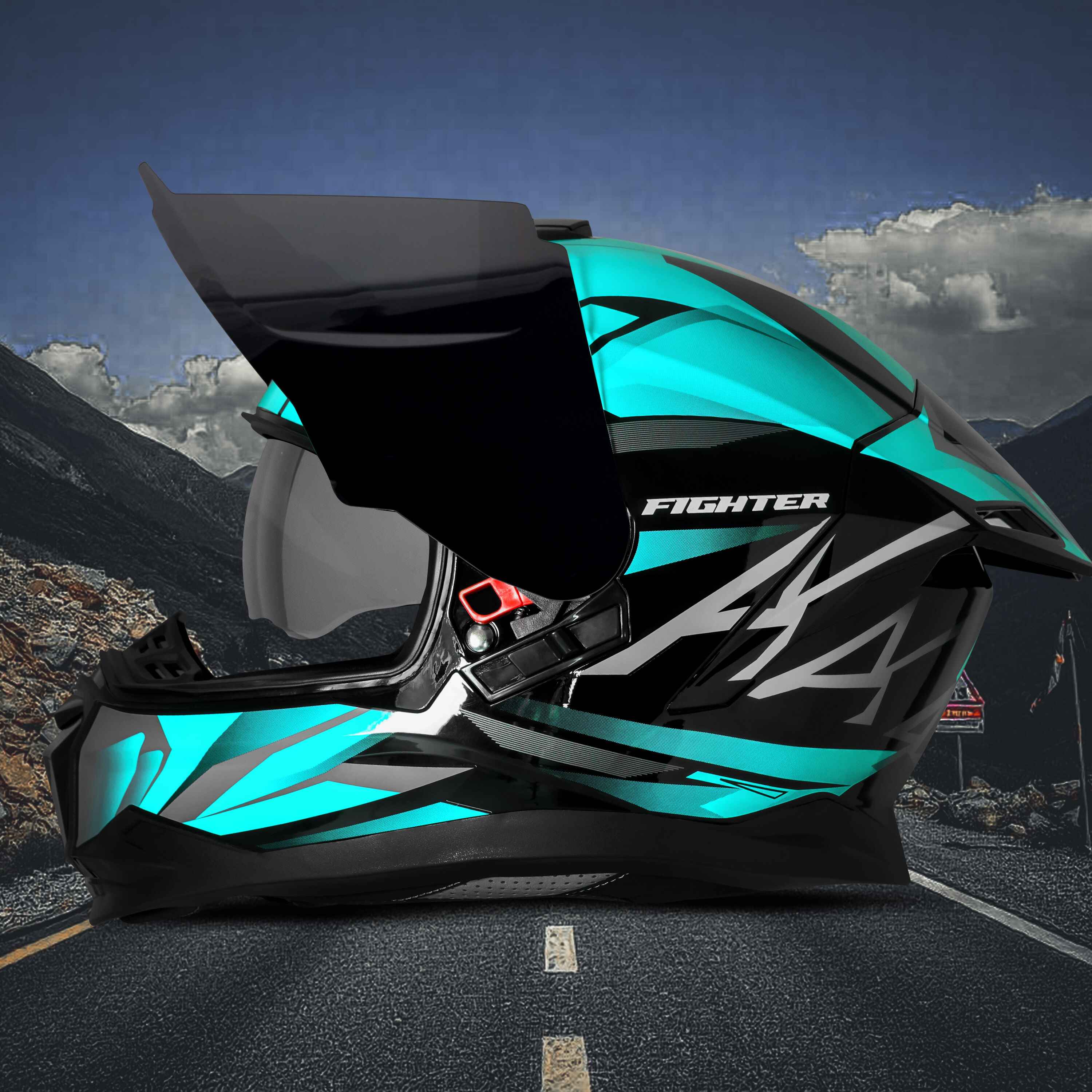 STEELBIRD SBH-57 ISS FIGHTER F4 MATT BLACK/SEA GREEN C/V 580MM WITH EXTRA SMOKE VISOR