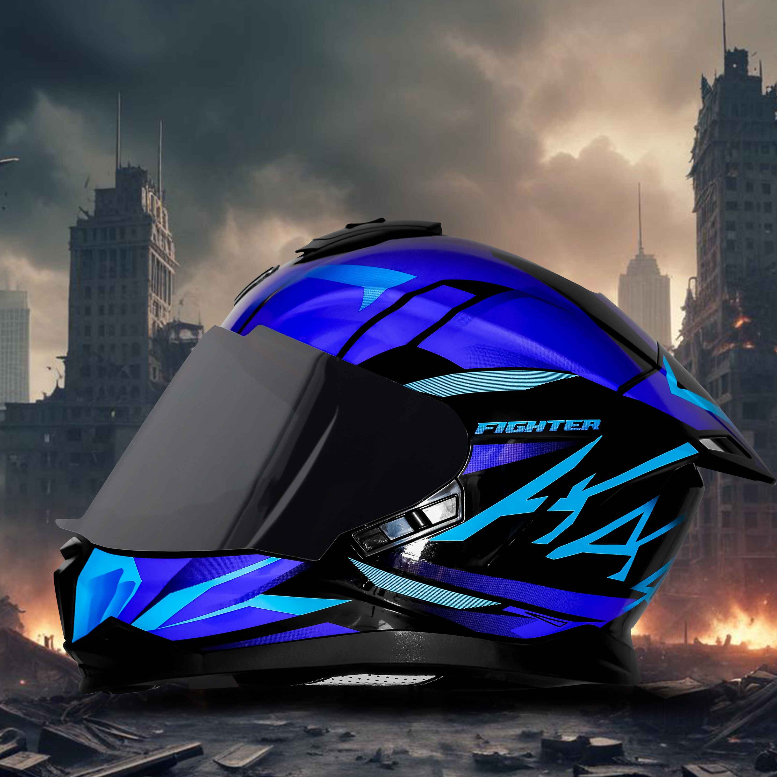 STEELBIRD SBH-57 ISS FIGHTER F4 GLOSSY BLACK/SKY BLUE C/V 600MM WITH EXTRA SMOKE VISOR