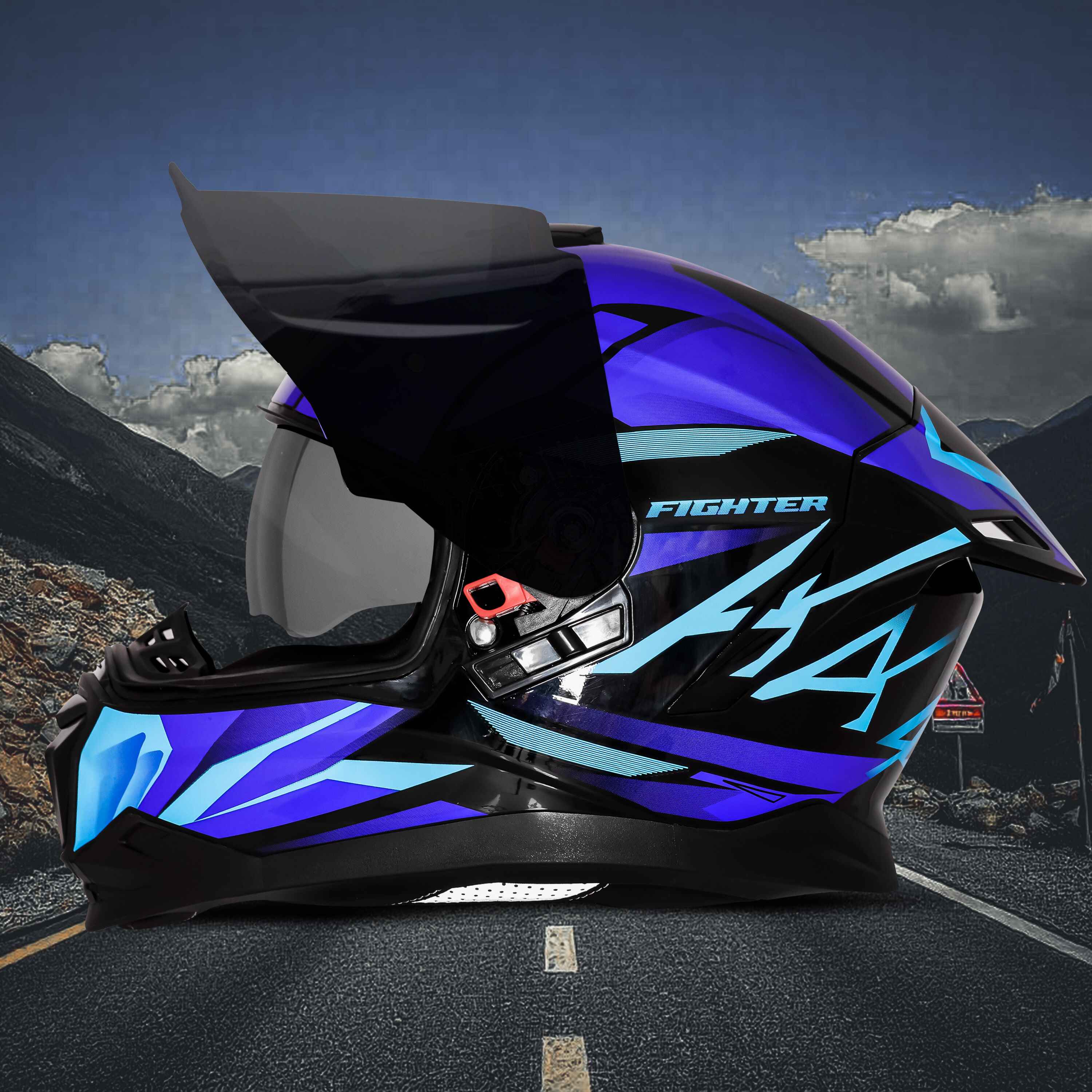 STEELBIRD SBH-57 ISS FIGHTER F4 GLOSSY BLACK/SKY BLUE C/V 580MM WITH EXTRA SMOKE VISOR