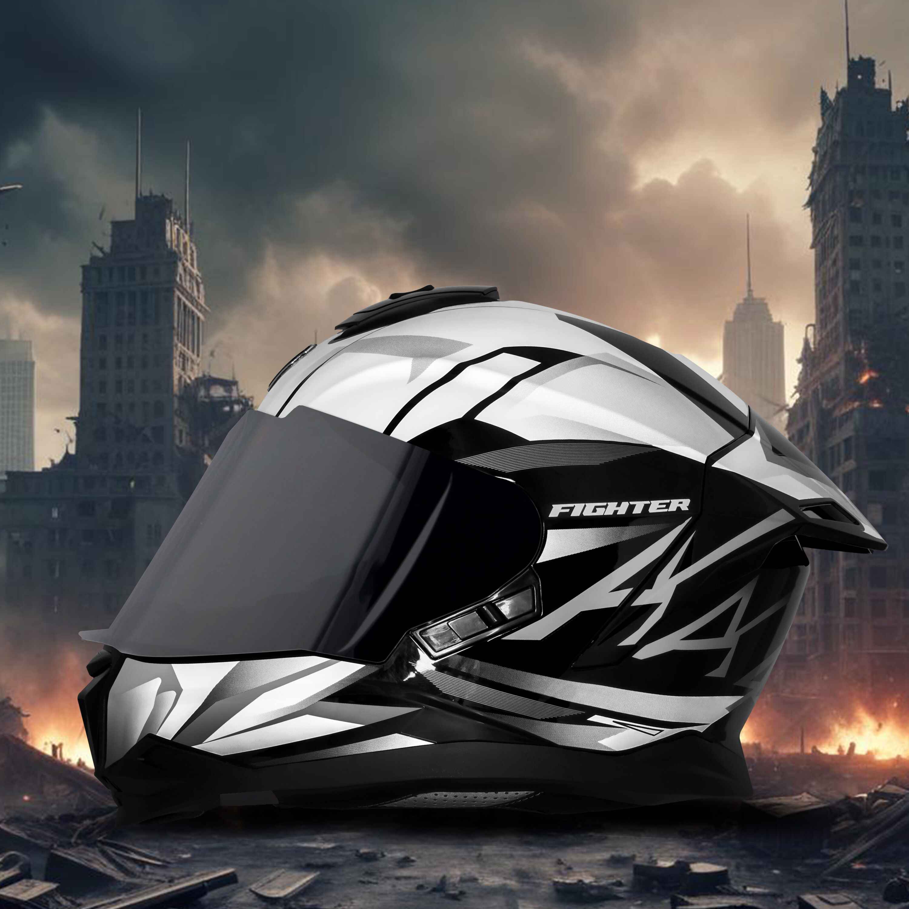 STEELBIRD SBH-57 ISS FIGHTER F4 MATT BLACK/WHITE C/V 600MM WITH EXTRA SMOKE VISOR