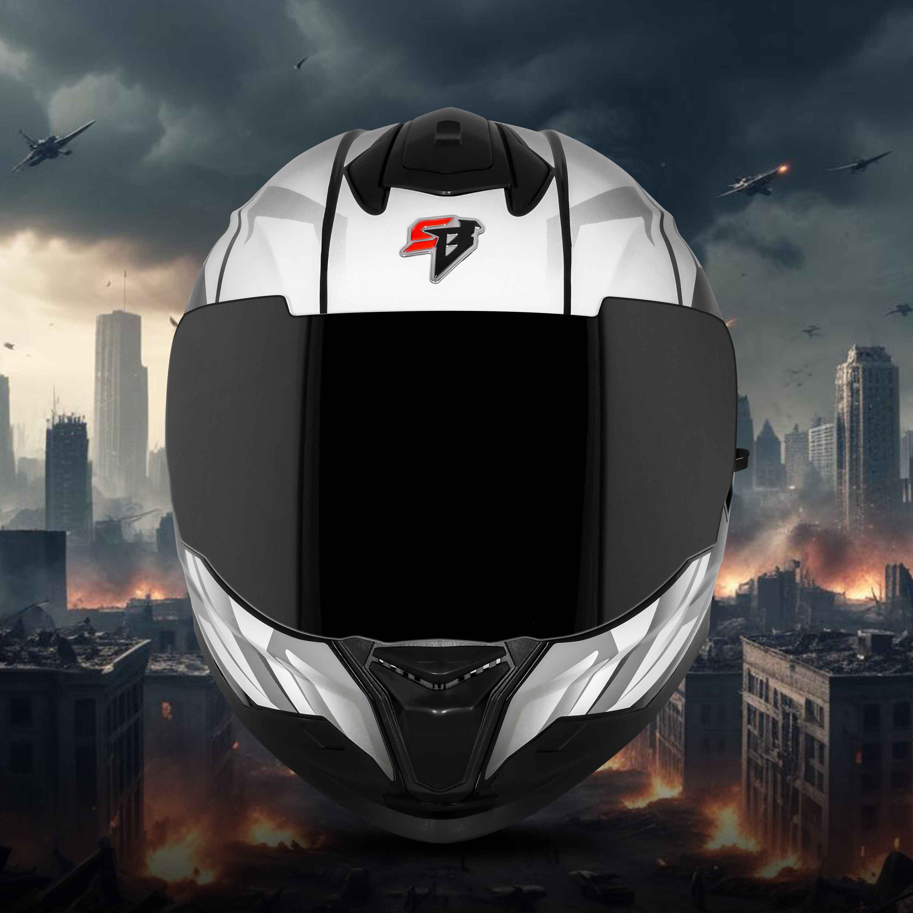 STEELBIRD SBH-57 ISS FIGHTER F4 GLOSSY BLACK/WHITE C/V 600MM WITH EXTRA SMOKE VISOR