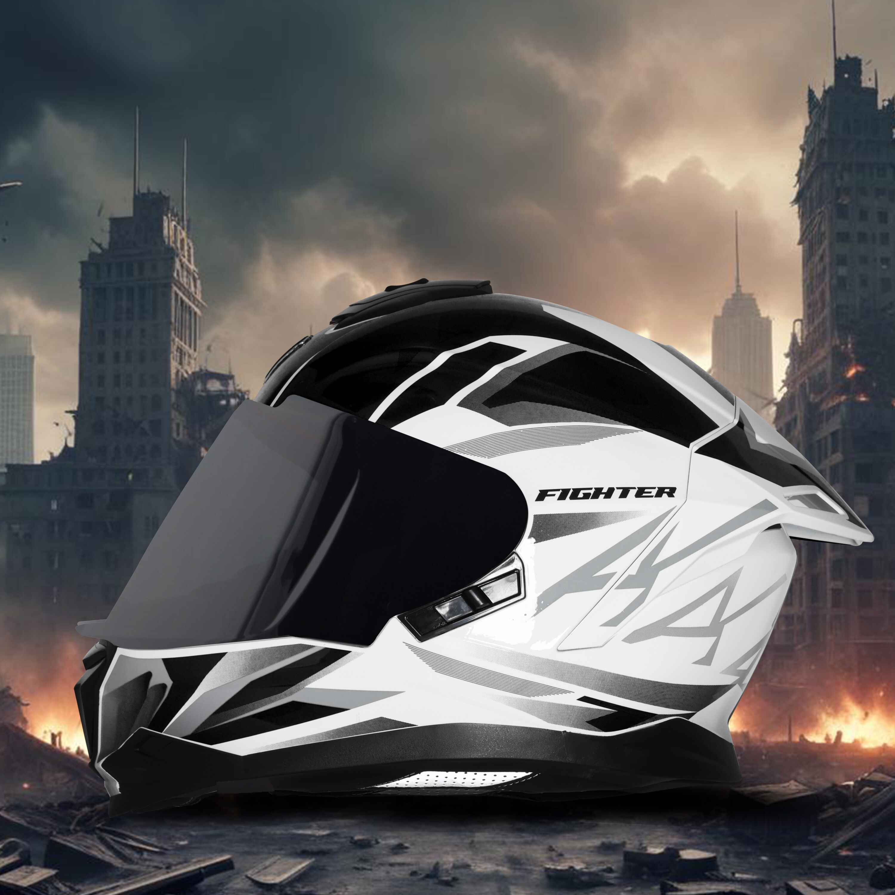 STEELBIRD SBH-57 ISS FIGHTER F4 GLOSSY WHITE/BLACK C/V 580MM WITH EXTRA SMOKE VISOR
