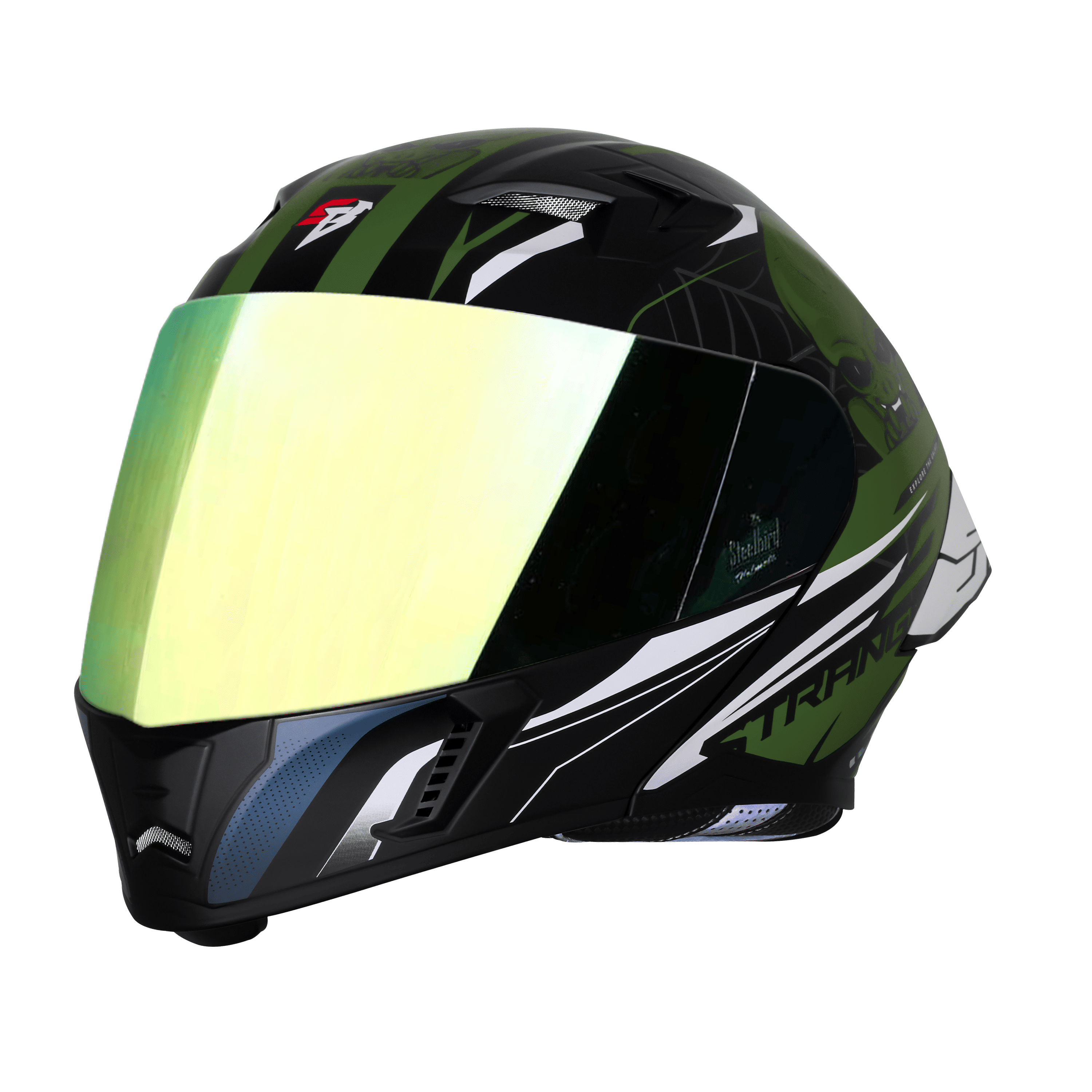 STEELBIRD SBA-20 ISS STRANGE GLOSSY BLACK/BATTLE GREEN C/V 600 MM WITH EXTRA SMOKE VISOR