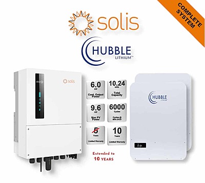 6.0 kW SOLIS S6 Hybrid - HUBBLE Combo, c/w 2x 5.12 kWh Lithium Batteries 6.0 kW SOLIS S6 Hybrid - HUBBLE Combo, c/w 2x 5.12 kWh Lithium Batteries
