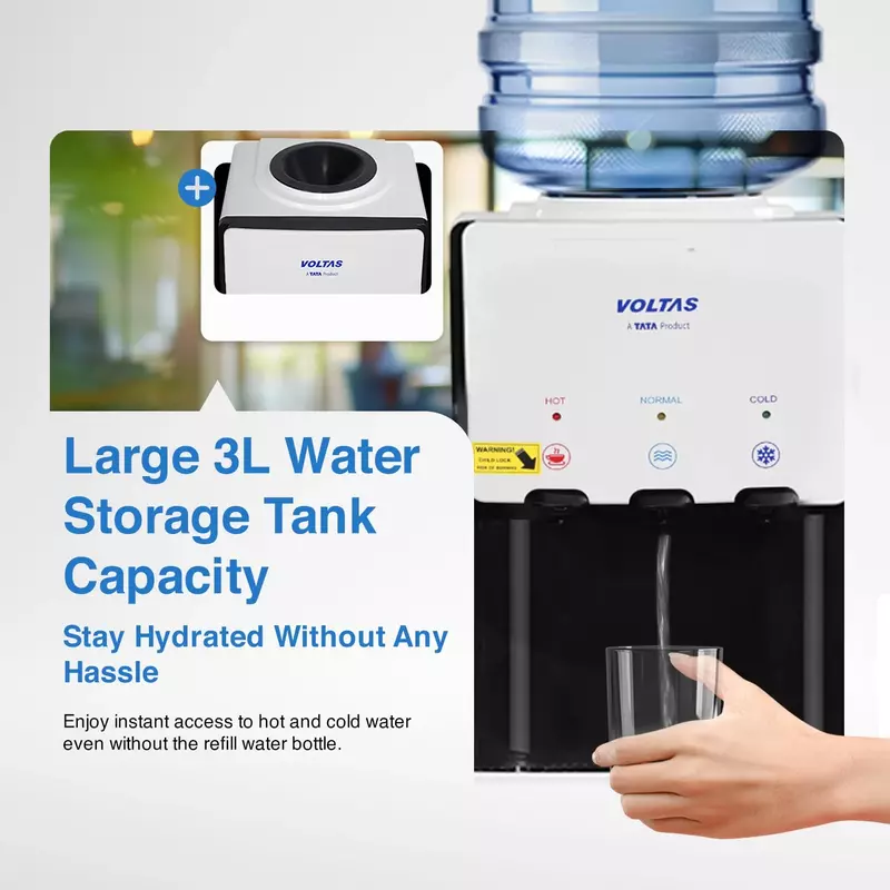 A person dispensing hot water from the child-safe tap of the Voltas Water Dispenser.