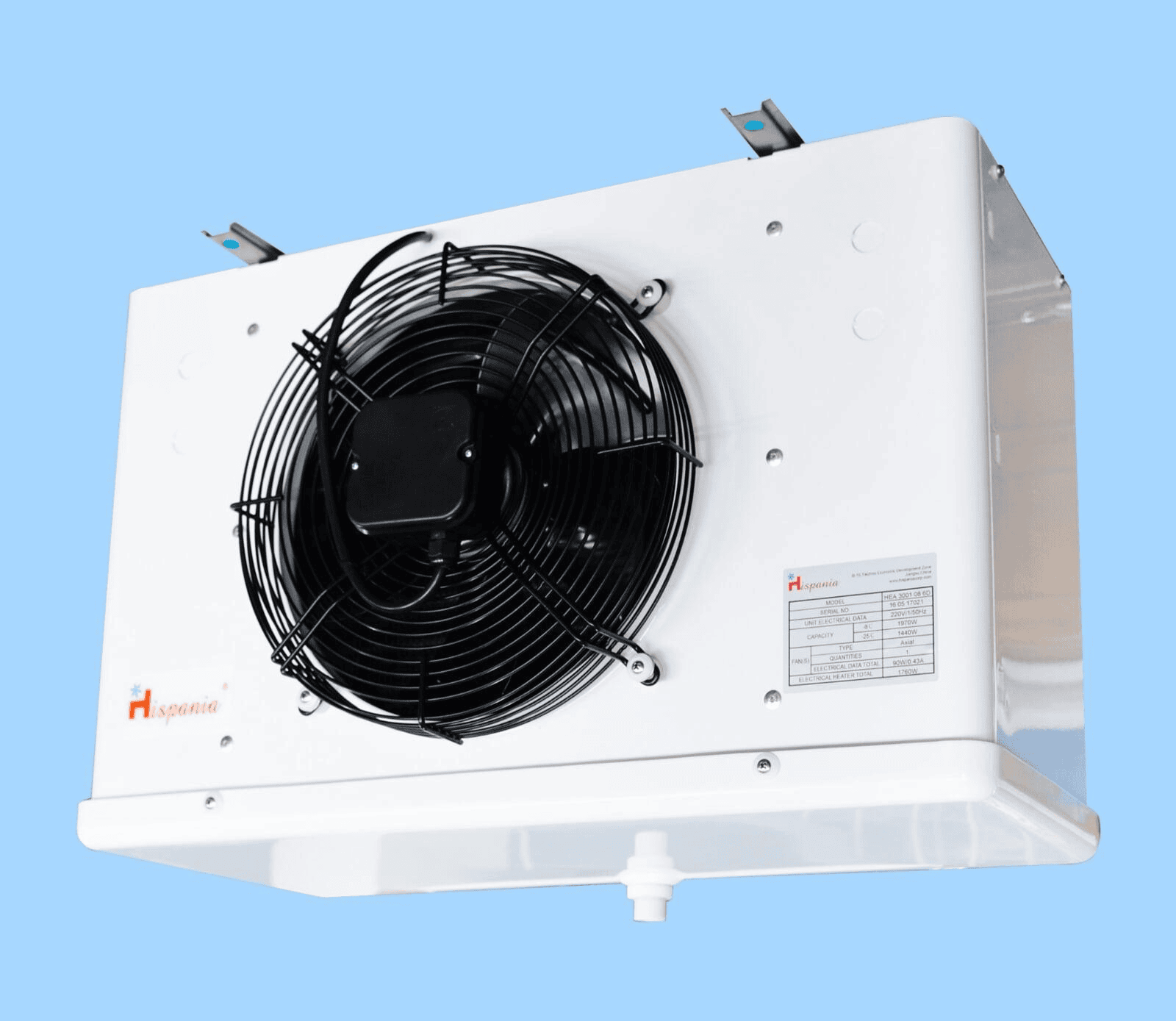 Evaporador Hispania Bajo Perfil Deshielo por Aire y Eléctrico Modelo HEA-1A 41-6B Voltaje 230V/1F/60HZ BTU/HR 25 °F y 10 °F TD 4148 BTU/HR -20 °F y 10 °F TD A.P.P. 6.3 Ventiladores 1