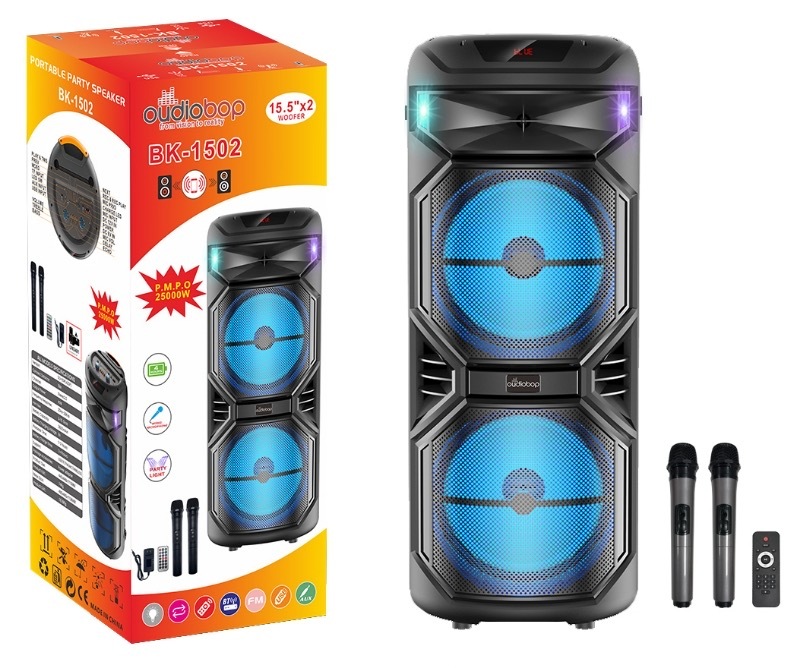 Oudiobop BK-1502 Dual 15.5" Portable Party Speaker with Dual Microphones