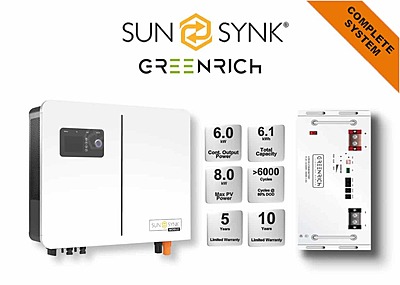 6.0 kW SUNSYNK Hybrid - GREENRICH Combo, c/w 1 x 6.1 kWh Lithium Battery