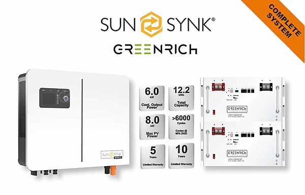 6.0 kW SUNSYNK Hybrid - GREENRICH Combo, c/w 2 x 6.1 kWh Lithium Batteries