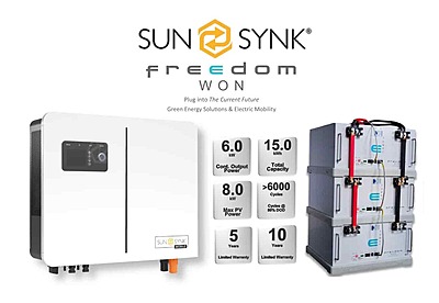 6.0 kW SUNSYNK Hybrid - FREEDOM WON Combo, c/w 3 x 5.0 kWh Lithium Batteries 6.0 kW SUNSYNK Hybrid - FREEDOM WON Combo, c/w 3 x 5.0 kWh Lithium Batteries