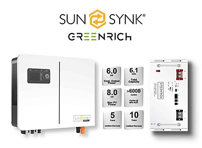 6.0 kW SUNSYNK Hybrid - GREENRICH Combo, c/w 1 x 6.1 kWh Lithium Battery