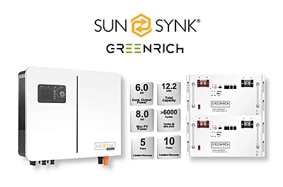 6.0 kW SUNSYNK Hybrid - GREENRICH Combo, c/w 2 x 6.1 kWh Lithium Batteries