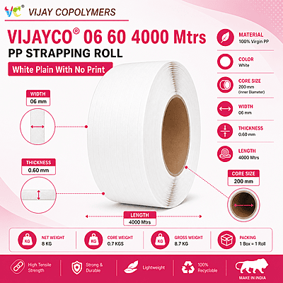 VIJAYCO® 06 60 4000 Mtrs PP Strapping Roll White Plain With No Print
