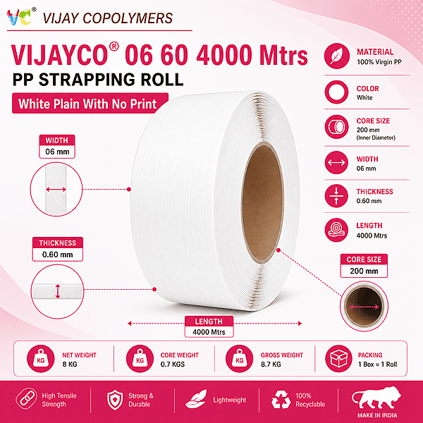 VIJAYCO® 06 60 4000 Mtrs PP Strapping Roll White Plain With No Print